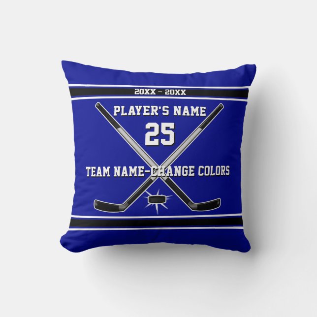 Blue and White, Personalized Hockey Gifts Throw Pillow (Front)