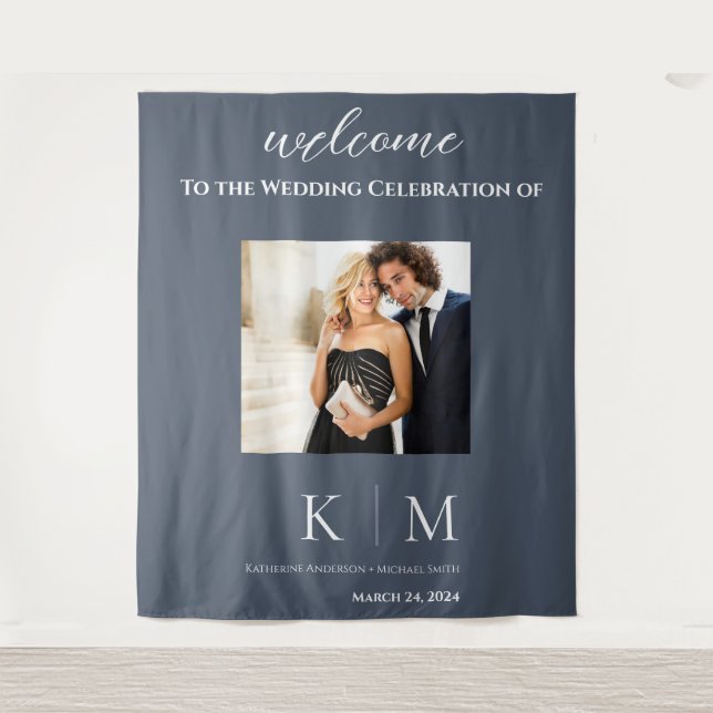 Blue and White-Photo-Wedding- Tapestry (Front)