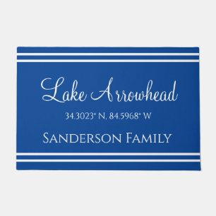 Blue and White pillow with your lake's name Doormat