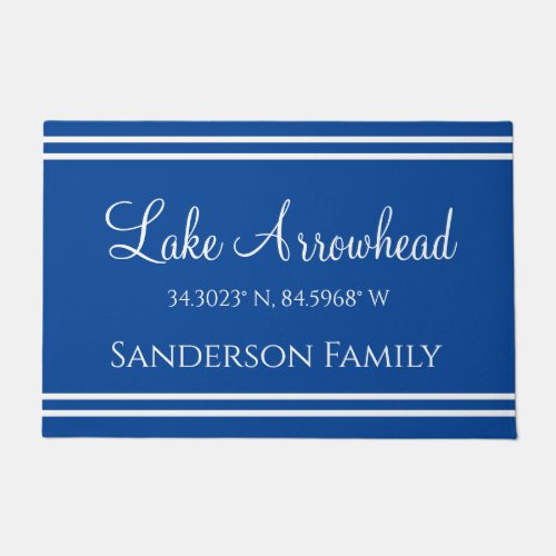 Blue and White pillow with your lakes name Doormat