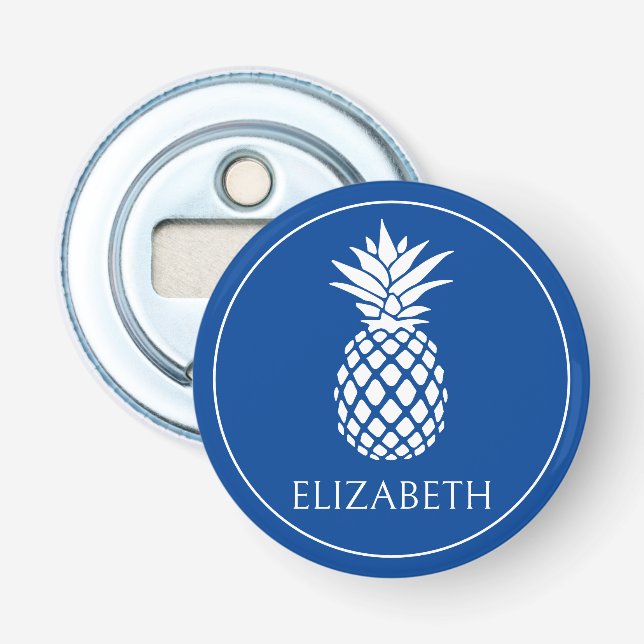 Blue and White Pineapple Personalized Bottle Opener (Front)