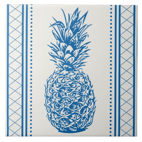 Blue and White Pineapple Silhouette Pattern Ceramic Tile