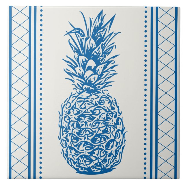 Blue and White Pineapple Silhouette Pattern Ceramic Tile (Front)