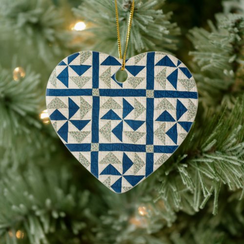 Blue and White Pinwheel Pattern Patchwork Quilt Ceramic Ornament
