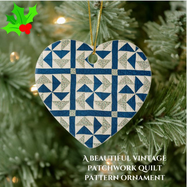 Blue and White Pinwheel Pattern Patchwork Quilt Ceramic Ornament (Add rustic charm + warmth to your tree with this vintage patchwork quilt pattern ornament!)