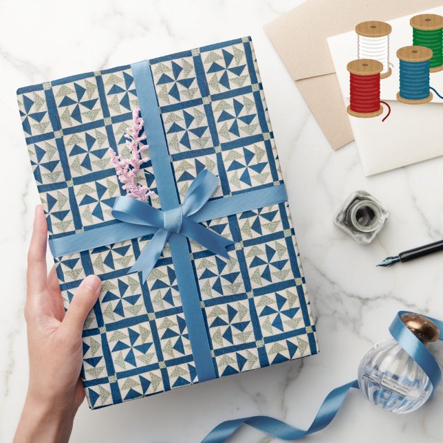 Blue and White Pinwheel Pattern Patchwork Quilt Wrapping Paper (Beautiful blue and white patchwork quilt pattern gift wrap. Fresh and unique!)