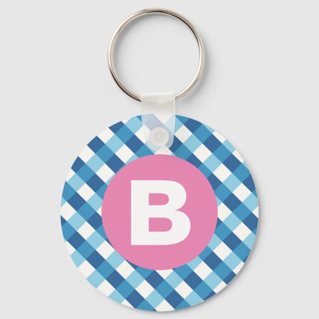 Blue and White Plaid Checked Pink Monogram Keychain (Front)