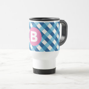 Blue and White Plaid Checked Pink Monogram Travel Mug