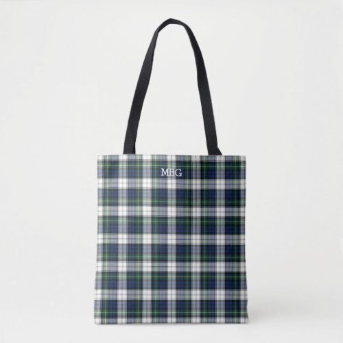 Blue and White Plaid Gordon Tartan Monogram Tote Bag