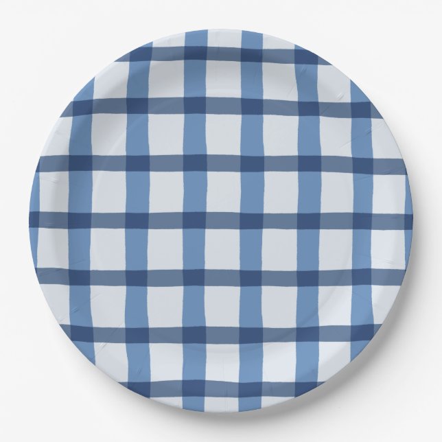 Blue and White Plaid Pattern Paper Plates (Front)