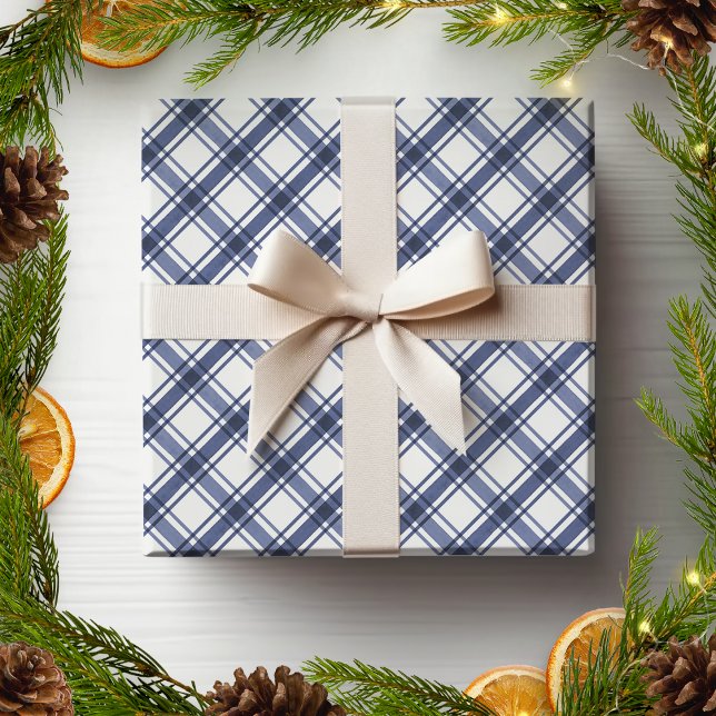 Blue and White Plaid Wrapping Paper (Holiday Blue and White Checkered Plaid Wrapping Paper by Painted Paperie
)