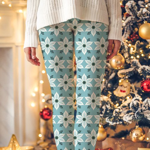 Blue And White Poinsettia Pattern Christmas Leggings