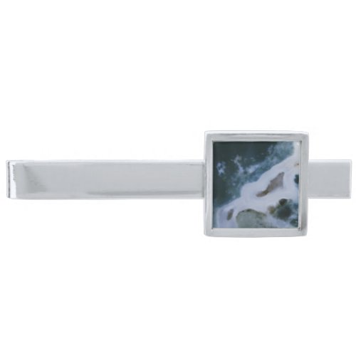 Blue and White Polished Stone Photo Silver Finish Tie Bar