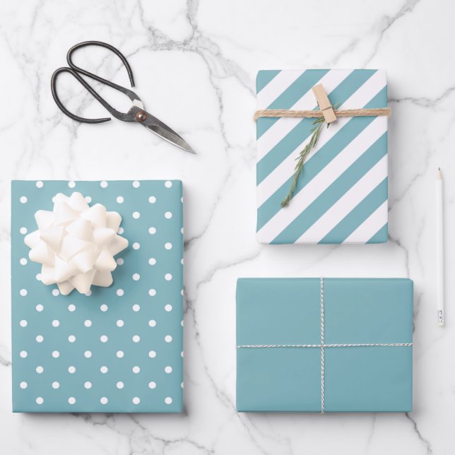 Blue and White Polka Dot and Stripe  Wrapping Paper Sheets (Front)