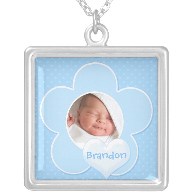 Blue and white Polka Dot Baby Photo Necklace (Front)