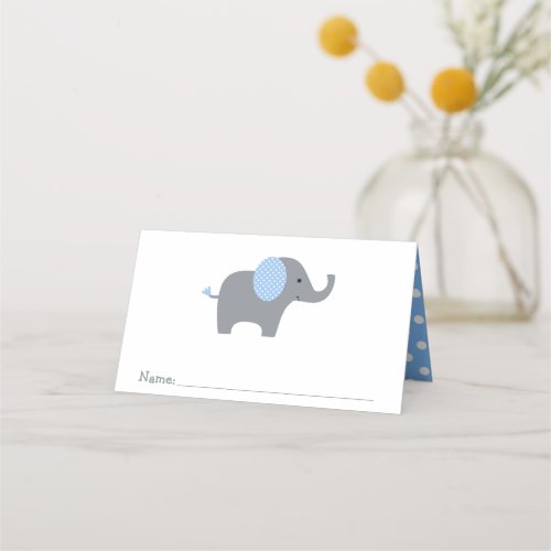 Blue and White Polka Dot Elephant Baby Shower Place Card