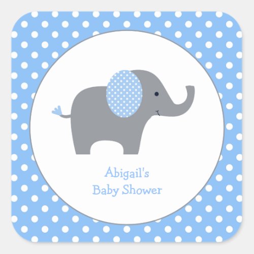  Blue and White Polka Dot Elephant Baby Shower Squ Square Sticker