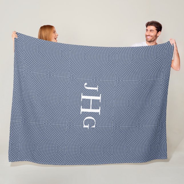 Blue and white polka-dot monogramme Fleece Blanket (In Situ)