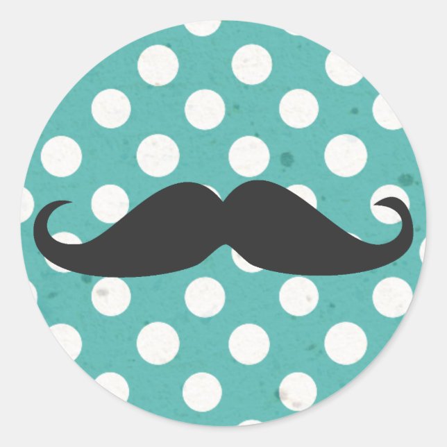 Blue and White Polka Dot Mustache Classic Round Sticker (Front)
