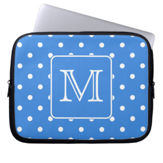 Blue and White Polka Dot Pattern Monogram. Custom. Laptop Sleeve