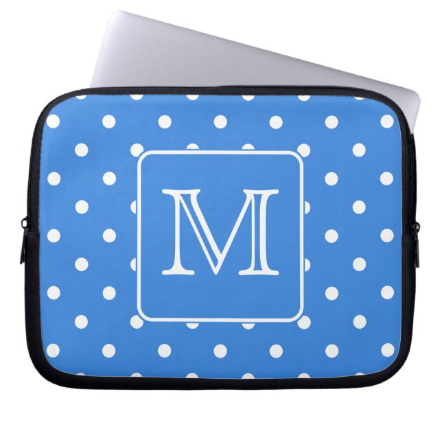Blue and White Polka Dot Pattern Monogram. Custom. Laptop Sleeve (Front)