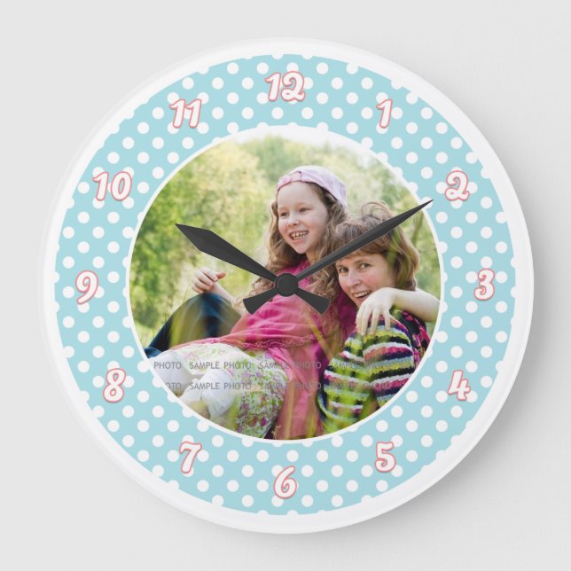 Blue and White Polka Dot Personalized Photo Large Clock
