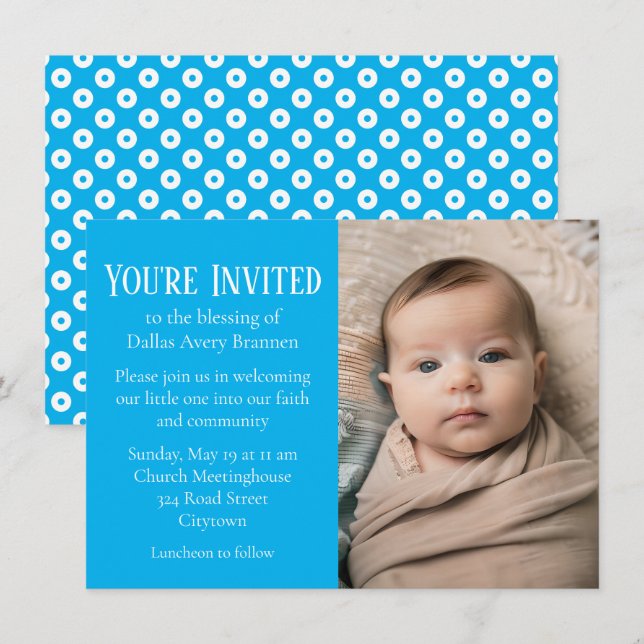 Blue and White Polka-dot Photo Baby Blessing Invitation (Front/Back)