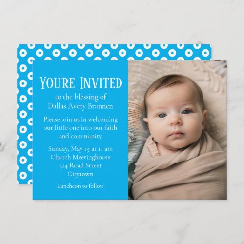 Blue and White Polka_dot Photo Baby Blessing Invitation