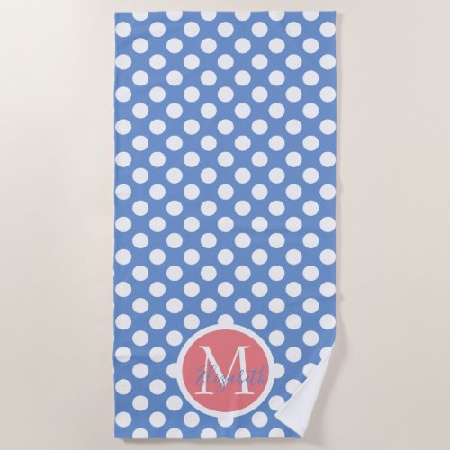 Blue and White Polka Dots Coral Pink Monogram Beach Towel