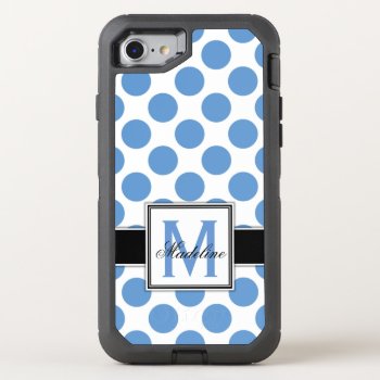 Blue And White Polka Dots Monogram Otterbox Defender Iphone Se/8/7 Case by CoolestPhoneCases at Zazzle