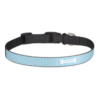 Blue And White Polka Dots With Bone &amp; Name Pet Collar