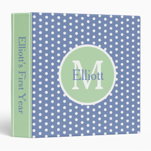 Blue and White Polka Dots With Green Monogram 3 Ring Binder