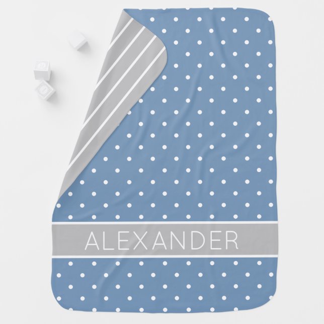 Blue and White Polka Dots With Grey Personalized Baby Blanket (In Situ)