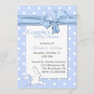 Blue and White Polka Dots With Rabbits Baby Shower Invitation