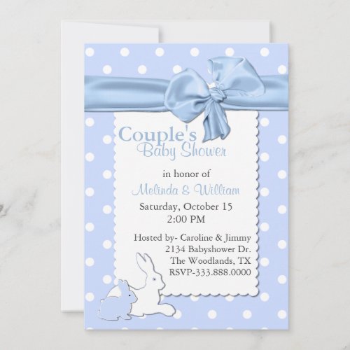 Blue and White Polka Dots With Rabbits Baby Shower Invites