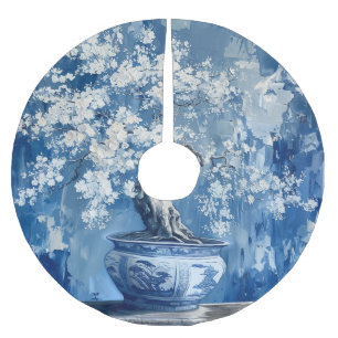 Blue and White Porcelain China Chinoiserie Cherry Brushed Polyester Tree Skirt