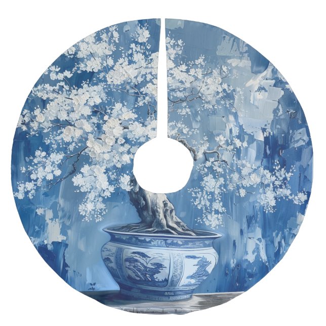 Blue and White Porcelain China Chinoiserie Cherry  Brushed Polyester Tree Skirt (Front)