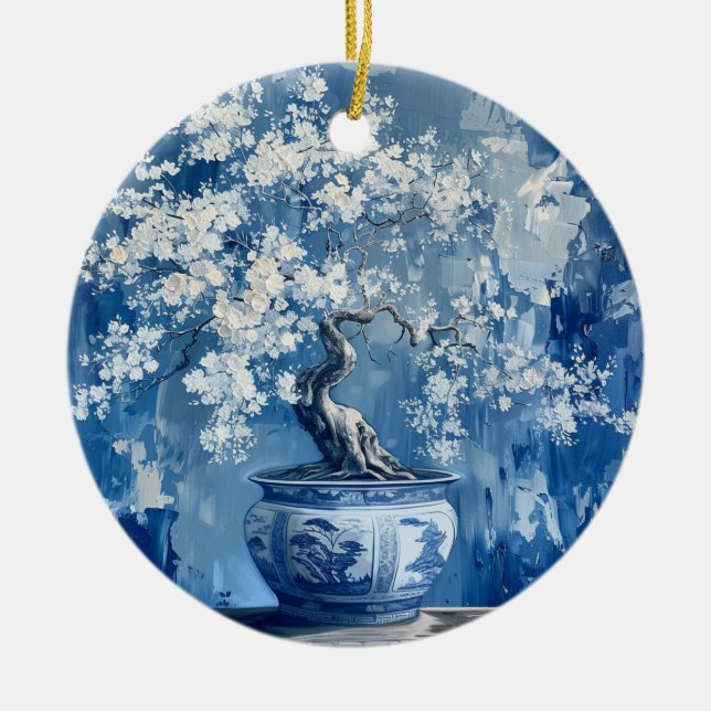 Blue and White Porcelain China Chinoiserie Cherry  Ceramic Ornament (Front)