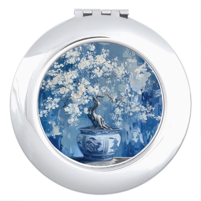 Blue and White Porcelain China Chinoiserie Cherry  Compact Mirror (Front)
