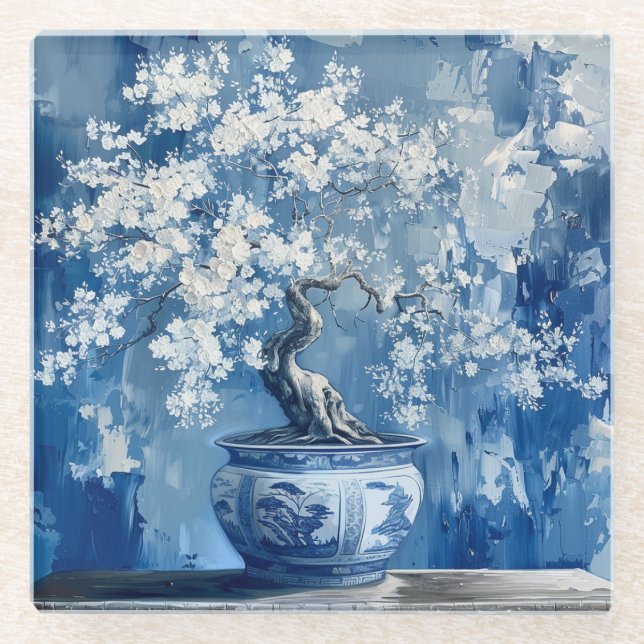 Blue and White Porcelain China Chinoiserie Cherry  Glass Coaster (Front)
