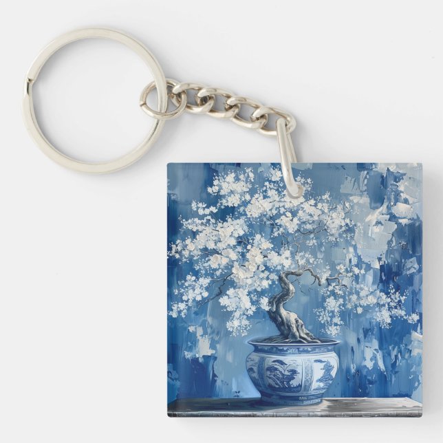 Blue and White Porcelain China Chinoiserie Cherry  Keychain (Front)