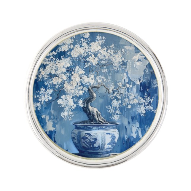 Blue and White Porcelain China Chinoiserie Cherry  Lapel Pin (Front)