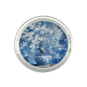 Blue and White Porcelain China Chinoiserie Cherry  Ring