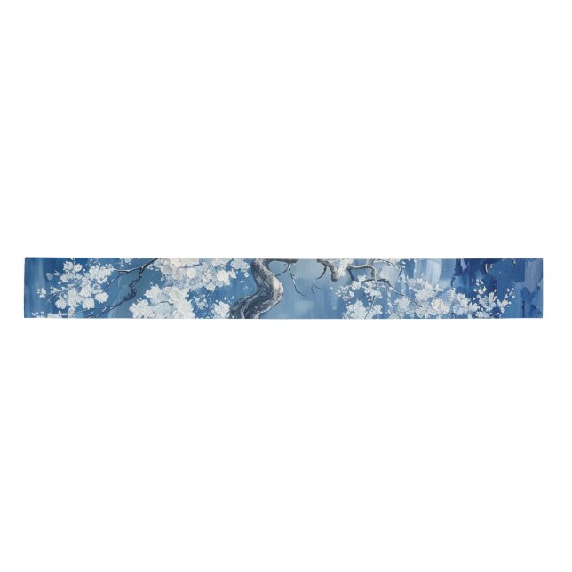 Blue and White Porcelain China Chinoiserie Cherry  Satin Ribbon (Front)