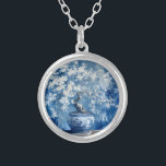 Blue and White Porcelain China Chinoiserie Cherry  Silver Plated Necklace<br><div class="desc">Cherry blossom flowers in blue and white</div>