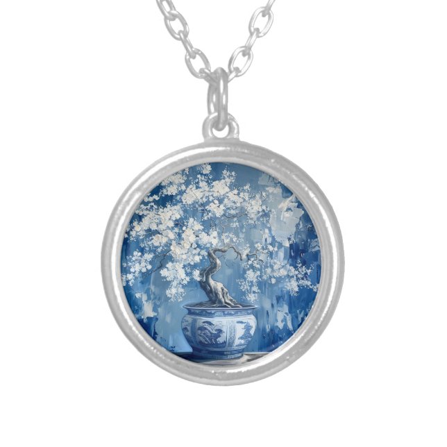 Blue and White Porcelain China Chinoiserie Cherry  Silver Plated Necklace (Front)