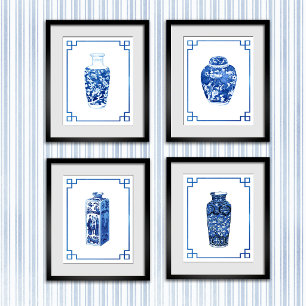 Blue and White Porcelain Vase Chinoiserie Art Set
