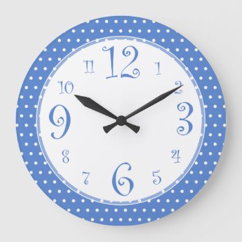 Blue And White Pretty Polka Dots Retro Kitchen Large Clock by VillageDesign at Zazzle