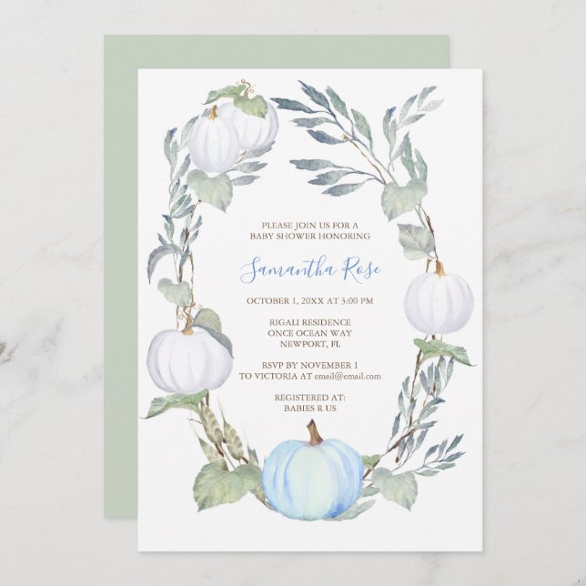 Blue and WHITE PUMPKIN Greenery BABY Shower Invite (Front/Back)