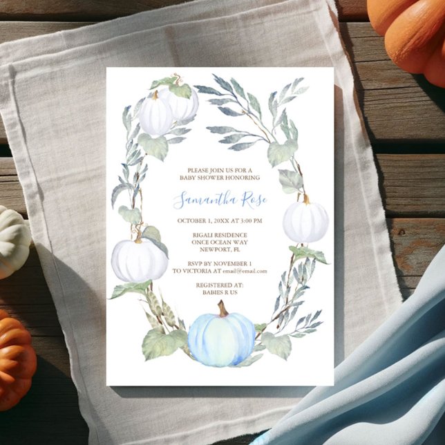Blue and WHITE PUMPKIN Greenery BABY Shower Invite (Pumpkin baby shower blue and white boy fall  watercolor )